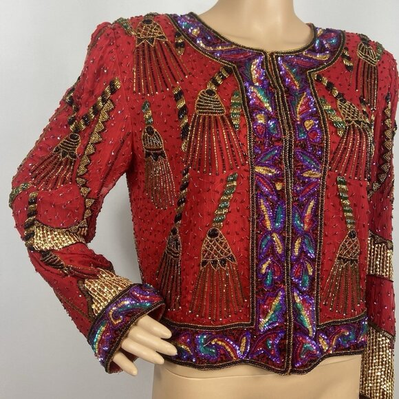 Vintage Laurence Kazar Heavy Beaded Silk Jacket Sz L Formal Tassel Blazer - Picture 1 of 12